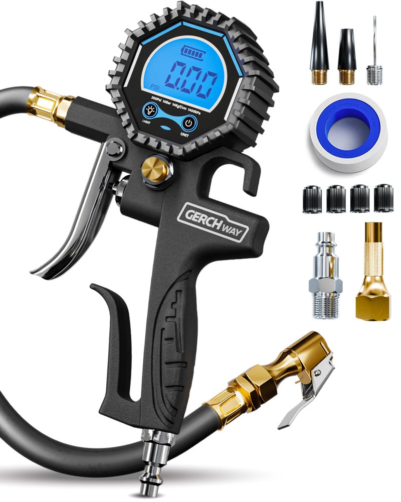 GERCHWAY Digital Tire Pressure Gauge with Inflator -200 PSI  Heavy Duty Air Chuck & Compressor Attachments for Car  Truck & SUV - Image 1